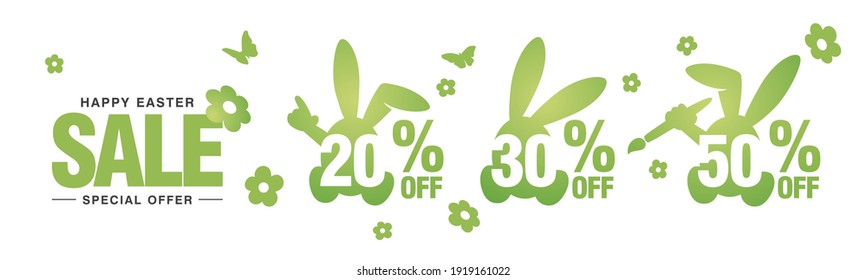 Happy Easter Sale special offer 20 30 50 percent off green banny negative space discount numbers stickers white background