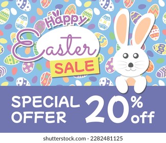 Happy Easter Sale Special Offer 20% off with Rabbit Illustration and Easter Egg Background