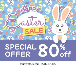 Happy Easter Sale Special Offer 80% off with Rabbit Illustration and Easter Egg Background