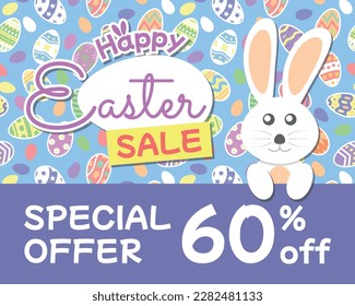 Happy Easter Sale Special Offer 60% off with Rabbit Illustration and Easter Egg Background