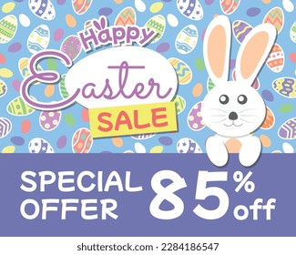 Happy Easter Sale Special Offer 85% off with Rabbit Illustration and Easter Egg Background