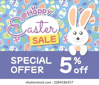 Happy Easter Sale Special Offer 5% off with Rabbit Illustration and Easter Egg Background
