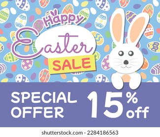 Oferta especial de venta de pascua feliz 15% con iluminación de conejo y fondo de huevo de pascua