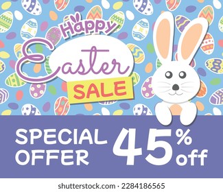 Happy Easter Sale Special Offer 45% off with Rabbit Illustration and Easter Egg Background