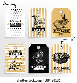 Happy Easter sale tags. Holiday labels set. Hand drawn sketch vintage vector illustrations. Gold design