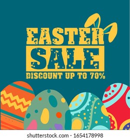 Plantilla de venta de Pascua Feliz con huevos y orejas de conejo. Ilustración de venta de Semana Santa con Huevo pintado de color y elemento de tipografía en segundo plano. Plantilla de diseño de vacaciones vectoriales para cupón, pancarta y cupón 