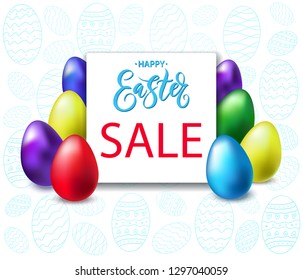 Happy Easter Sale template with realistic colored shine eggs. Happy Easter big hunt or sale banner with hand lettering and colorful metallic Eggs. Vector illustration for promotion, poster, flyer.
