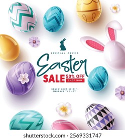 Happy easter sale text clipart poster design. Easter shopping sale special offer clip art with printed pattern colorful eggs, flowers and wishes in white background. Vector illustration easter sunday 