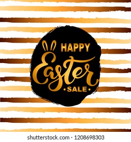 Happy Easter Sale text on background with golden stripes. Handwritten lettering Easter as logo, badge, icon. Template for Happy Easter Day, invitation, greeting card, web.