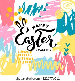 Happy Easter Sale text on background with hand drawn stains. Handwritten lettering Easter as logo, badge, icon. Template for Happy Easter Day, invitation, greeting card, web.