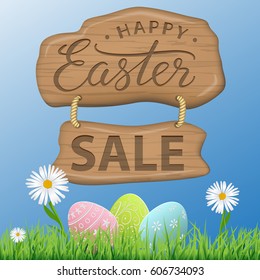 Happy Easter Sale text on wooden panel on nature background for Paschal greeting card. Vector illustration.