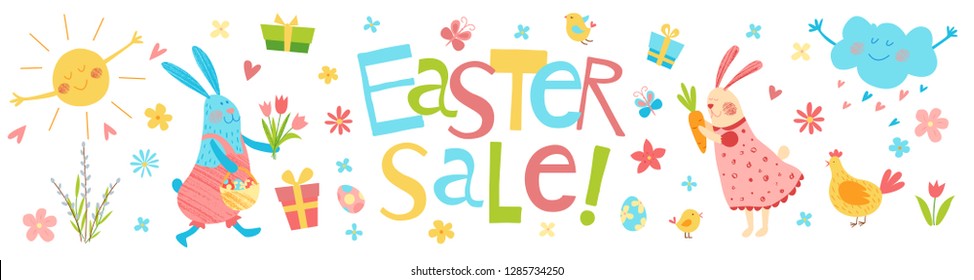 Happy Easter sale vector banner. Cute funny animals. Hand drawn flat cartoon elements: easter eggs, gift box, willow, flowers, bunny and chickens. Isolated on white. Kids illustration. Pencil texture.