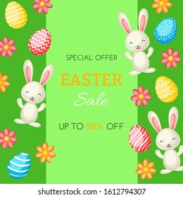 Happy Easter sale vector banner with сolorful bunnies, eggs and flowers. Vector illustration for Easter day