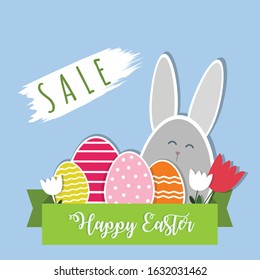 Happy Easter. Sale. Vector flat illustration of colorful eggs, bunny and ribbon. Elements isolated on a blue background,