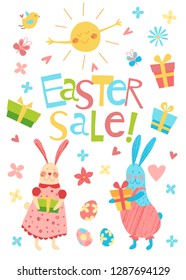 Happy Easter sale vector poster. Cute funny rabbits. Hand drawn flat cartoon elements: bunny, gift box, flowers, eggs, butterfly and sun. Isolated on white. Kids illustration. Pencil texture.