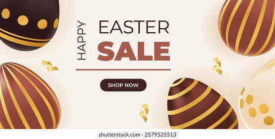 Happy Easter sale voucher realistic chocolate gold eggs. Promotion, shopping template. Vector illustration of brown,beige colors. Concept for ad, special offer, discount, coupon, flyer