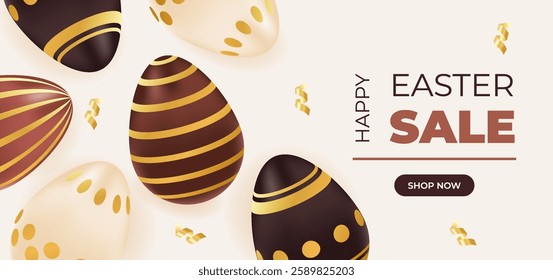 Happy Easter sale voucher realistic chocolate golden eggs. Promotion, shopping template. Vector illustration of brown,beige colors. Concept for ad, discount, coupon, flyer