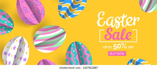 happy easter sale web banner design with paper cut decorative eggs on yellow background