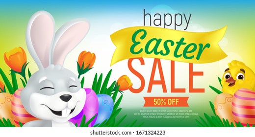 Banner web o planilla de volante Happy Easter Sale. Ilustración de cupones de descuento vectorial con conejito, pollo, tulipanes y huevos sobre fondo colorido. Se puede utilizar para el diseño de tarjetas de felicitación o para vales