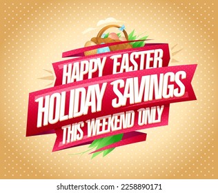 Happy Easter sale web banner, holiday savings this weekend only, vector illustration with Easter eggs in a basket