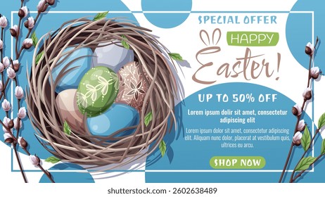 Happy Easter Sale Web Banner with Nest, Colorful Eggs, and Willow Branches. Festive Poster for Spring Promotions. Perfect for Advertising, Social Media, Banners, and Seasonal Sales Campaigns.