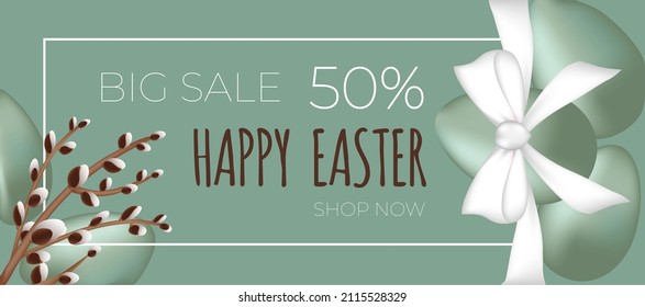 Happy easter sale. Willow branch with the easter eggs on green background. Can be add text. Design for banner, poster, postcard. EPS10.