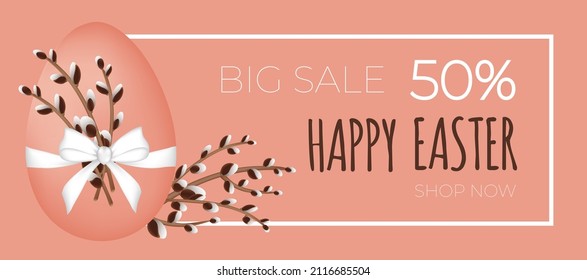 Happy easter sale. Willow branches with the easter egg on pink background. Can be add text. Design for banner, poster, postcard, flyer. EPS10.