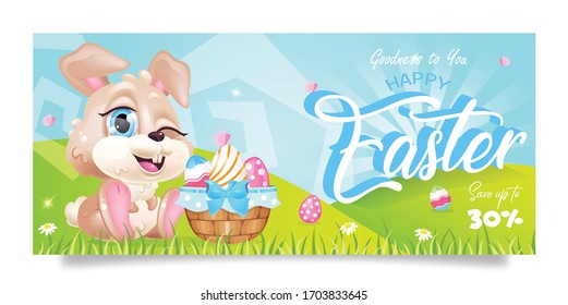 Happy Easter sales banner flat vector template. Pascha special offer flyer design with bunny and eggs basket kawaii cartoon character. Printable postcard, holiday discounts, horizontal poster
