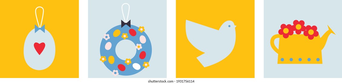 Happy Easter scandinavian vector set. Flat geometric style. Greeting cards or posters with pigeon, spring flowers and Easter egg. Egg hunt poster template. Minimalism. All elements are isolated. 