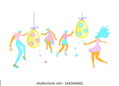 Happy Easter scene Banner. Horizontal Spring Festival Invitation Template with Tiny People. Happy Family and rabbit Paint Colorful Egg. Flat Art Vector Illustration