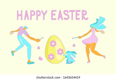 Happy Easter scene Banner. Horizontal Spring Festival Invitation Template with Tiny People and rabbit Paint Colorful Egg. Flat Art Vector Illustration