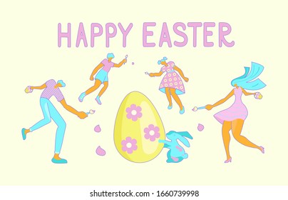 Happy Easter scene Banner. Horizontal Spring Festival Invitation Template with Tiny People. Happy Family and rabbit Paint Colorful Egg. Flat Art Vector Illustration