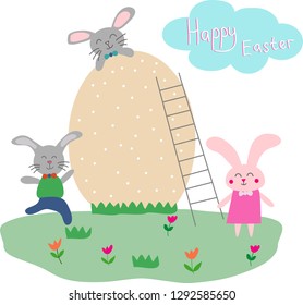 Happy easter scene with bunnies. Easter street event, festival and fair, design of banners, posters. Nice kind vector illustration