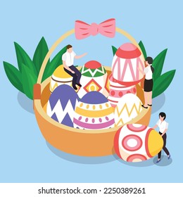 Happy Easter scene with families 3d isometric vector illustration concept for banner, website, landing page, ads, flyer template
