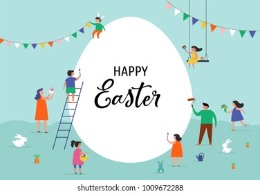 Happy Easter scene with families, kids. Easter street event, festival and fair, banner, poster design