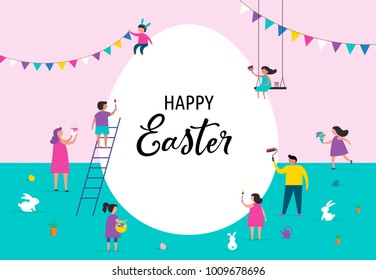 Happy Easter scene with families, kids. Easter street event, festival and fair, banner, poster design