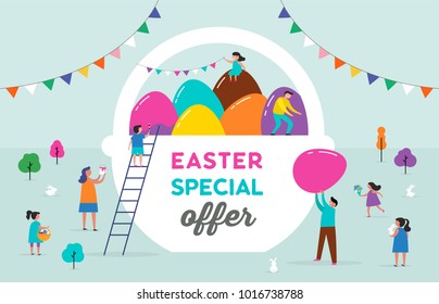 Happy Easter scene with families, kids. Easter sale event, promotion design and banner, poster design