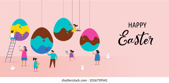 Happy Easter scene with families, kids. Easter street event, festival and fair, banner, poster design