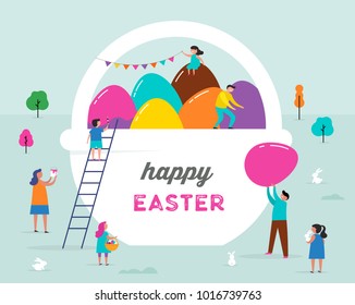 Happy Easter scene with families, kids. Easter street event, festival and fair, banner, poster design
