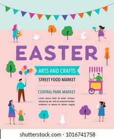 Happy Easter Scene With Families, Kids. Easter Street Event, Festival And Fair, Banner, Poster Design