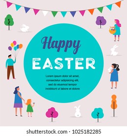 Happy Easter Scene With Families, Kids. Easter Street Event, Festival And Fair, Banner, Poster Design