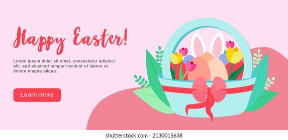 Happy Easter scene with families, kids. Easter street event, festival and fair, banner, poster design. Editable vector illustration