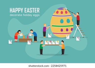 Happy Easter scene with kids painting a huge easter egg 2d vector illustration concept for banner, website, illustration, landing page, flyer, etc