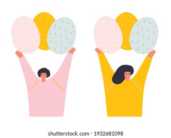 Happy Easter scene with people cartoon vector illustration. Easter street events, festival and fair, banner, poster design. 