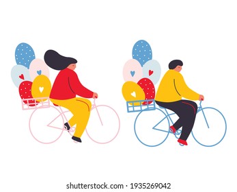 Happy Easter scene with people vector poster. Cartoon modern bicycle man and bicycle woman  illustration. Easter street events, festival and fair, banner, poster design.