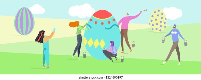Happy Easter scene with young people, friends. Easter street event, festival and fair, men and women are painting  eggs. Banner, poster design. Cartoon characters. Flat vector illustration