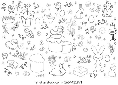 Happy Easter Scrap Set Elements for design. Coloring page adult and kids, woman coloring book. Black and white. Big collection, Doodle Cozy style.