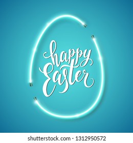 Happy Easter script lettering inscription. Hand lettering card. Modern calligraphy for Easter Day. Vector neon sign. Abstract background with bright pink vector neon egg. 