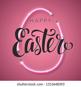 Happy Easter script lettering inscription. Hand lettering card. Modern calligraphy for Easter Day. Vector neon sign. Abstract background with bright pink vector neon egg. 