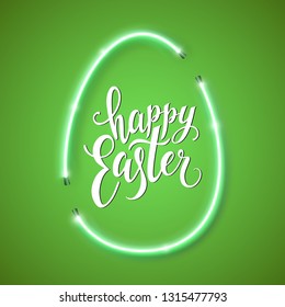 Happy Easter script lettering inscription. Hand lettering card. Modern calligraphy for Easter Day. Vector neon sign. Abstract background with bright pink vector neon egg. 